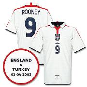 03-04 England Home Shirt + No.9 Rooney (England V Turkey Mdt)